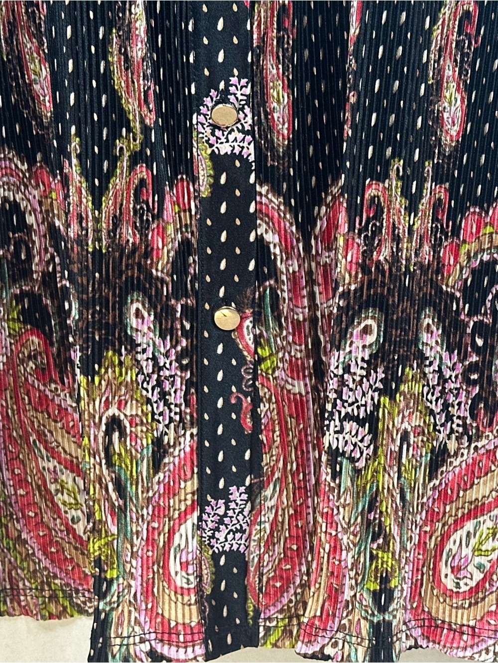 Black Paisley Button-Up Blouse with Pink & Green Accents - Picture 3 of 6
